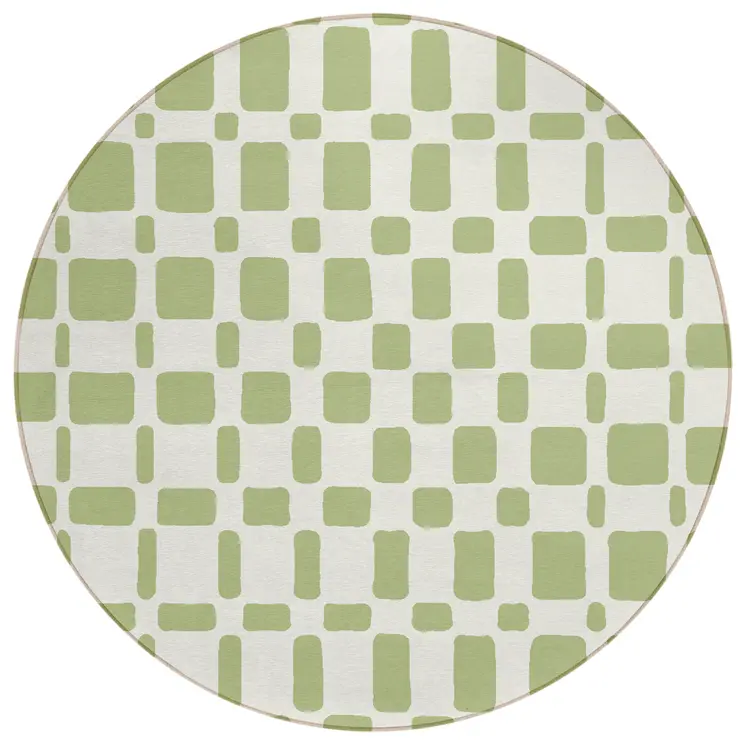 8' Artichoke Green And Ivory Round Geometric Washable Indoor Outdoor Area Rug
