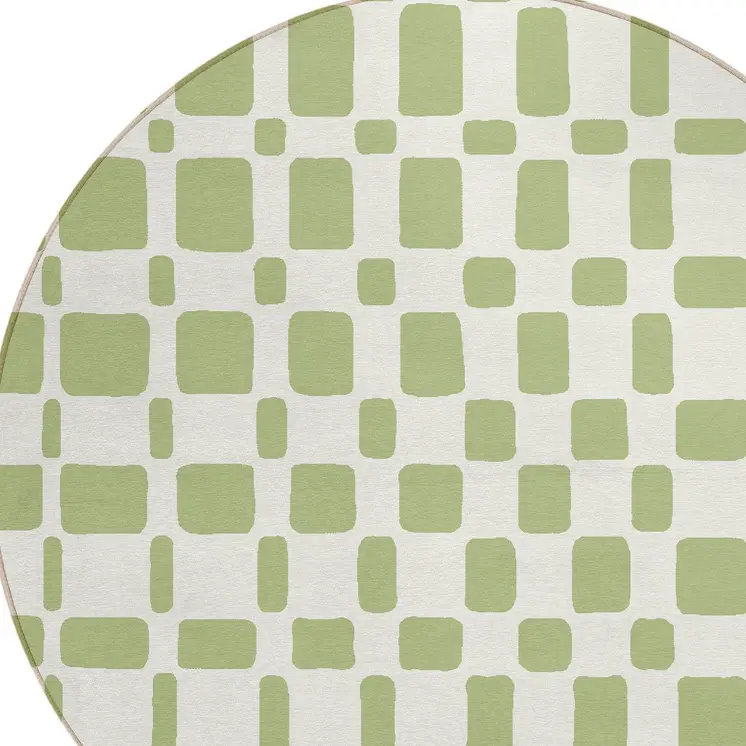 8' Artichoke Green And Ivory Round Geometric Washable Indoor Outdoor Area Rug