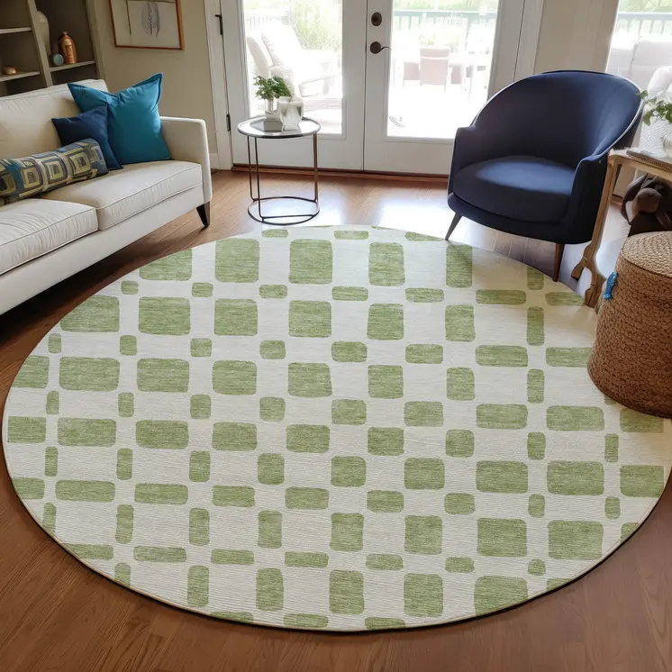 8' Artichoke Green And Ivory Round Geometric Washable Indoor Outdoor Area Rug
