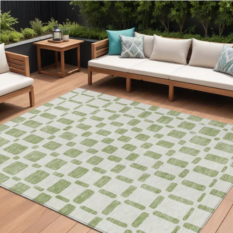 8' X 10' Artichoke Green And Ivory Geometric Washable Indoor Outdoor Area Rug