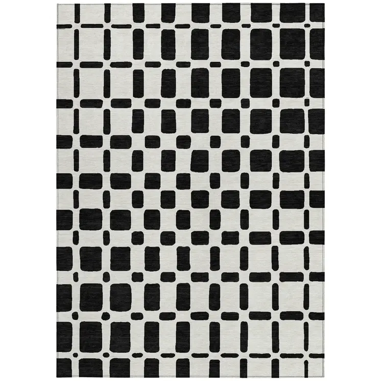 5' X 8' Black And Ivory Geometric Washable Indoor Outdoor Area Rug