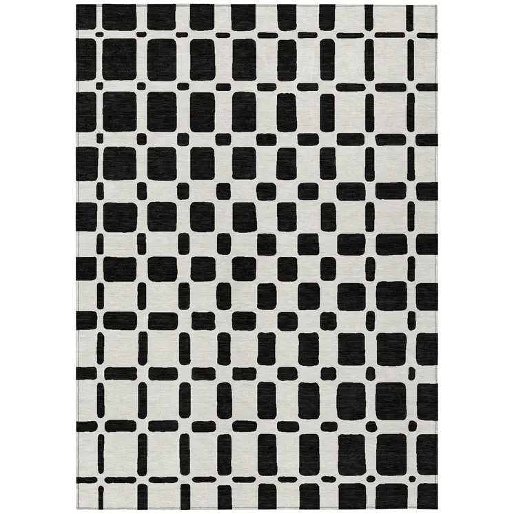 5' X 8' Black And Ivory Geometric Washable Indoor Outdoor Area Rug