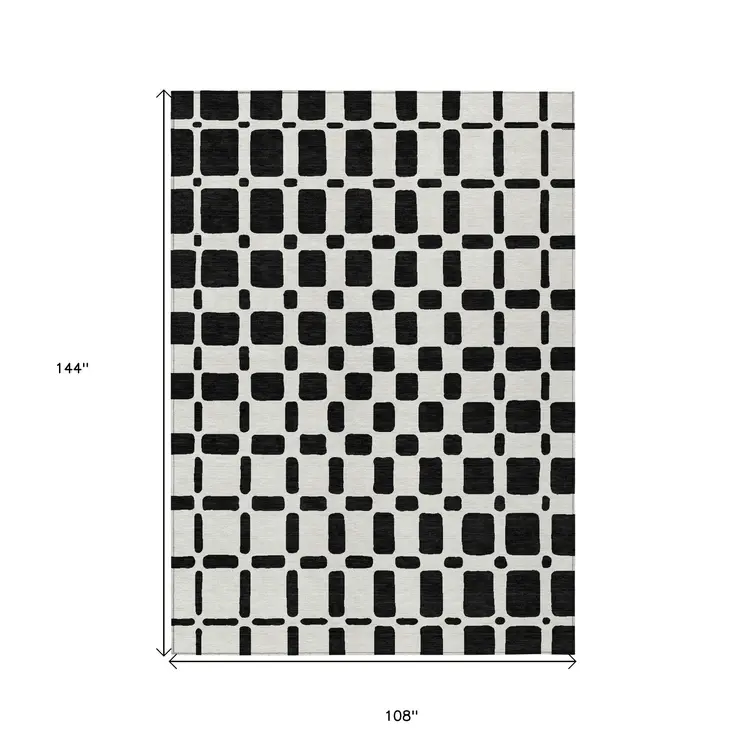 9' X 12' Black And Ivory Geometric Washable Indoor Outdoor Area Rug