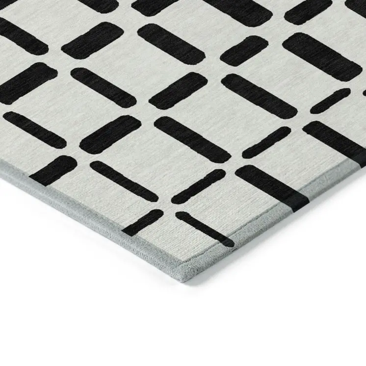 9' X 12' Black And Ivory Geometric Washable Indoor Outdoor Area Rug