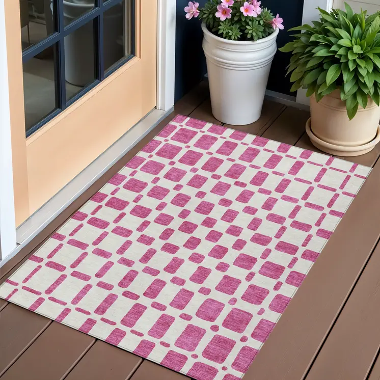 3' X 5' Blush And Ivory Geometric Washable Indoor Outdoor Area Rug