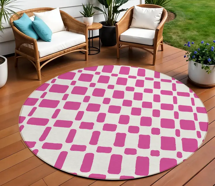 8' Blush And Ivory Round Geometric Washable Indoor Outdoor Area Rug