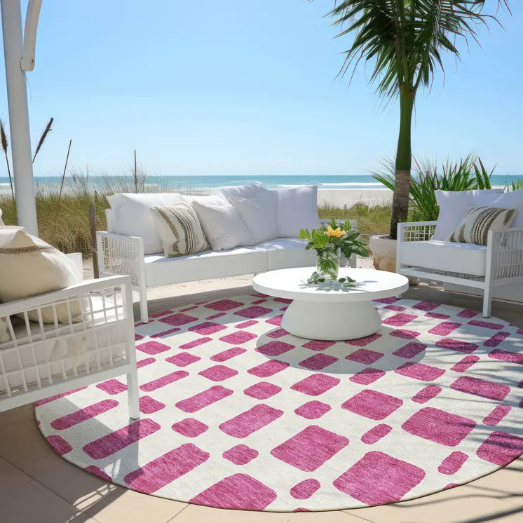 8' Blush And Ivory Round Geometric Washable Indoor Outdoor Area Rug