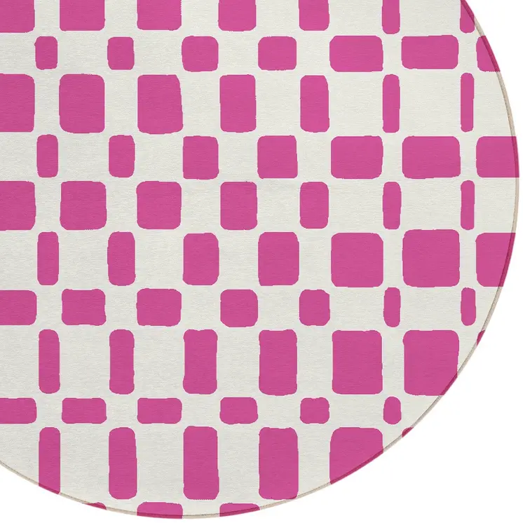 8' Blush And Ivory Round Geometric Washable Indoor Outdoor Area Rug