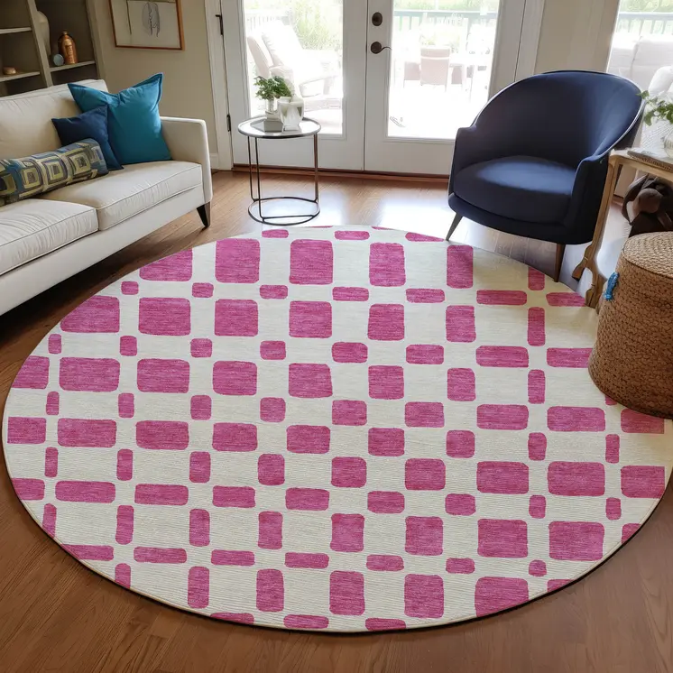 8' Blush And Ivory Round Geometric Washable Indoor Outdoor Area Rug