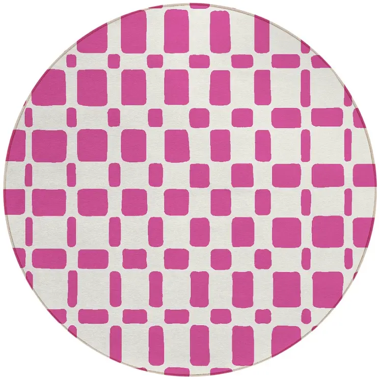 8' Blush And Ivory Round Geometric Washable Indoor Outdoor Area Rug