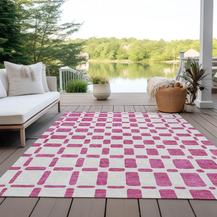 10' X 14' Blush And Ivory Geometric Washable Indoor Outdoor Area Rug