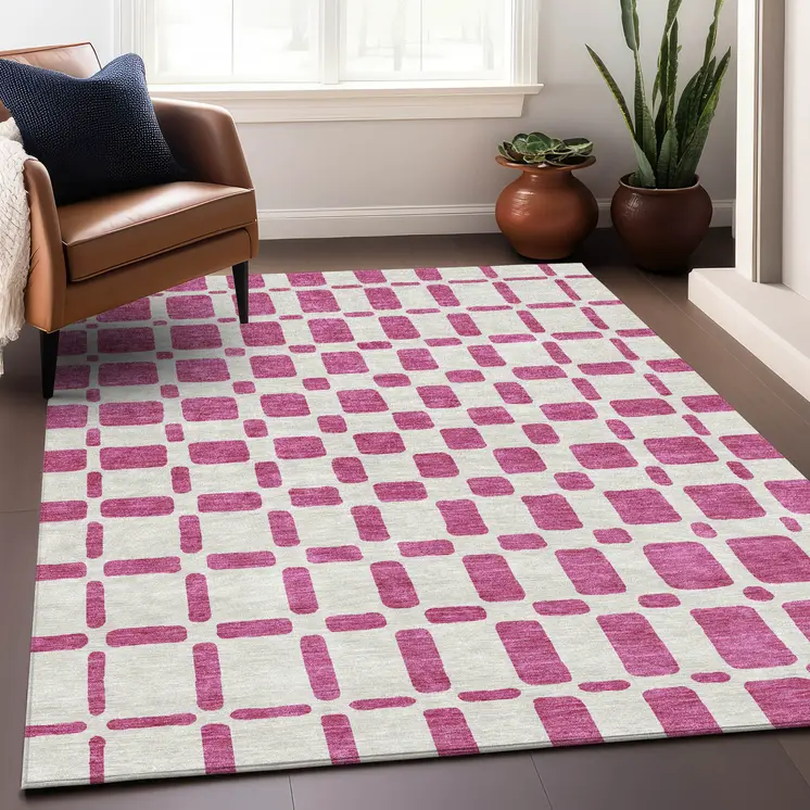 10' X 14' Blush And Ivory Geometric Washable Indoor Outdoor Area Rug
