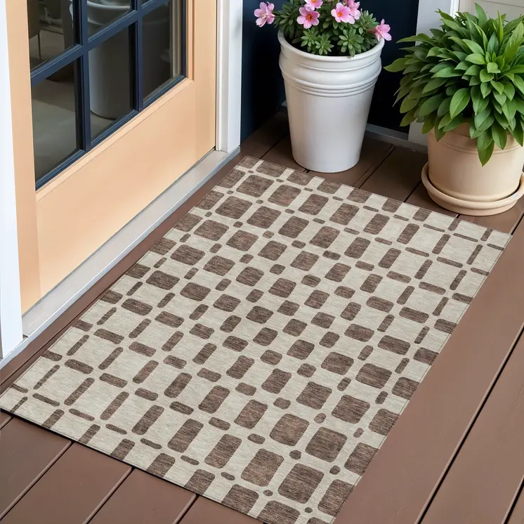3' X 5' Brown And Beige Geometric Washable Indoor Outdoor Area Rug