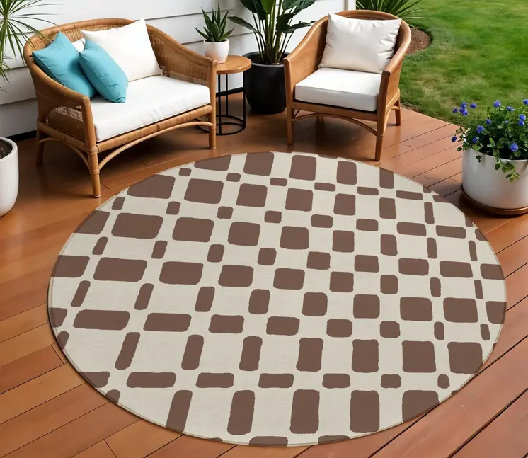 8' Brown And Beige Round Geometric Washable Indoor Outdoor Area Rug