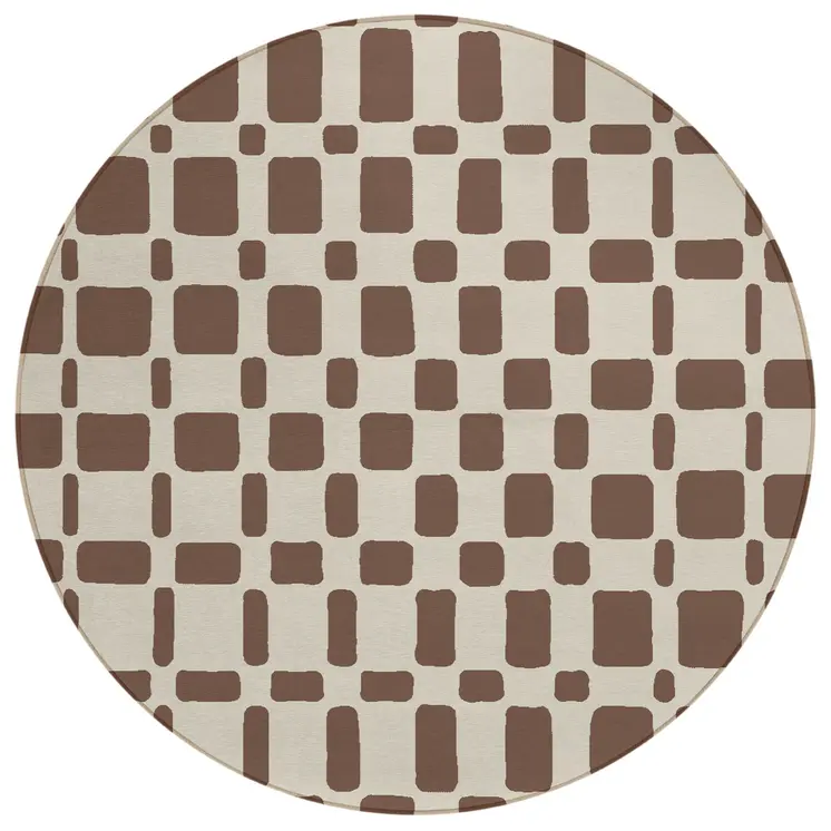 8' Brown And Beige Round Geometric Washable Indoor Outdoor Area Rug