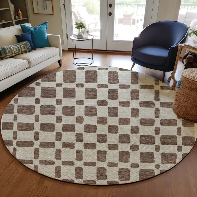 8' Brown And Beige Round Geometric Washable Indoor Outdoor Area Rug