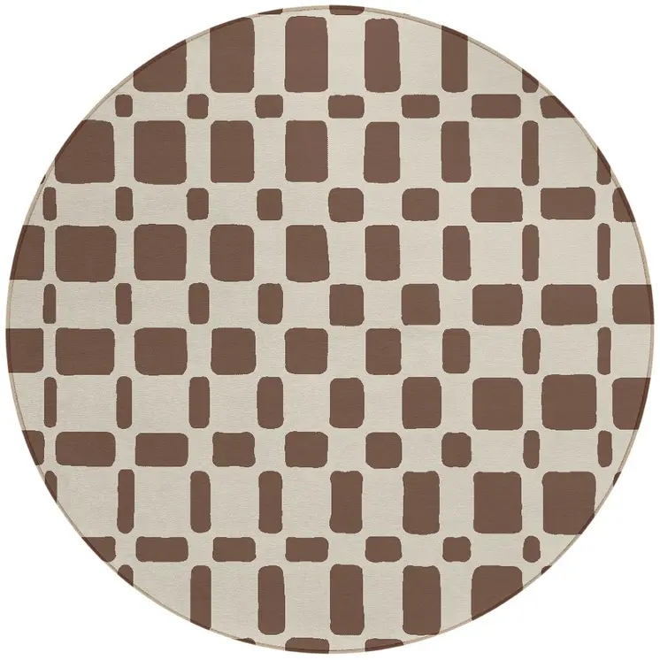 8' Brown And Beige Round Geometric Washable Indoor Outdoor Area Rug