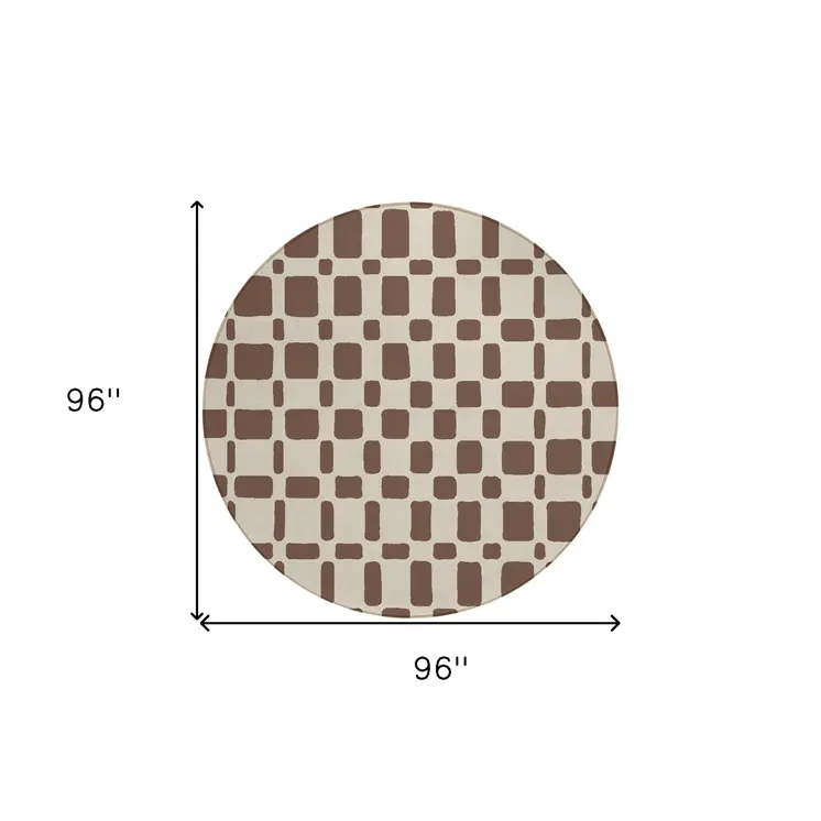 8' Brown And Beige Round Geometric Washable Indoor Outdoor Area Rug