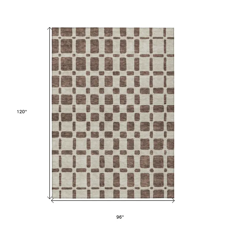 8' X 10' Brown And Beige Geometric Washable Indoor Outdoor Area Rug