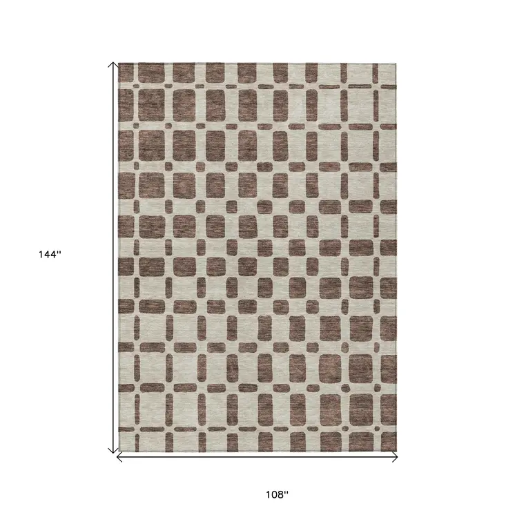 9' X 12' Brown And Beige Geometric Washable Indoor Outdoor Area Rug