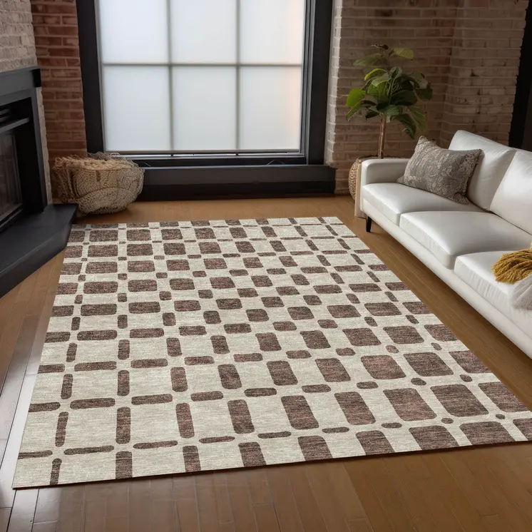 9' X 12' Brown And Beige Geometric Washable Indoor Outdoor Area Rug