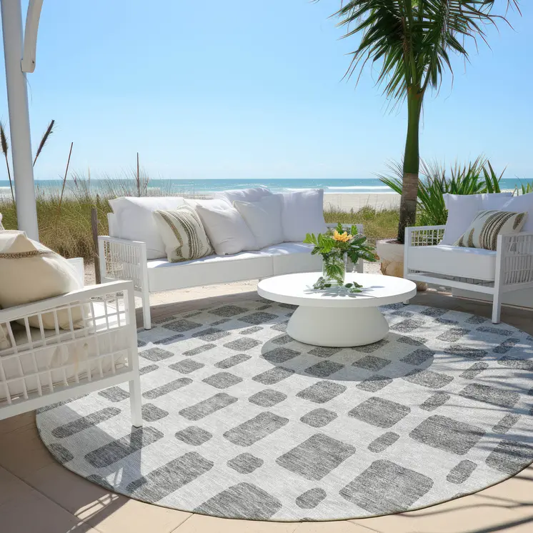 8' Gray And Ivory Round Geometric Washable Indoor Outdoor Area Rug