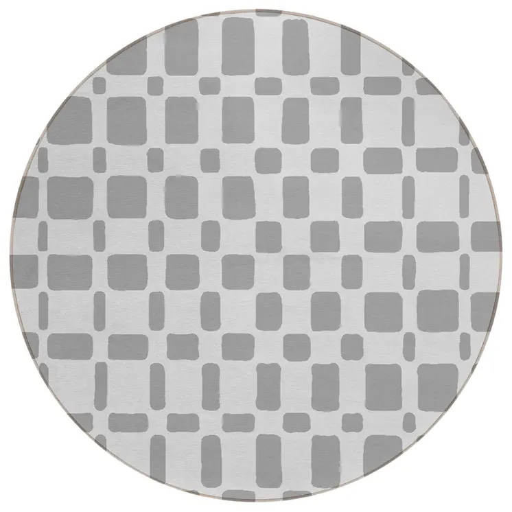 8' Gray And Ivory Round Geometric Washable Indoor Outdoor Area Rug