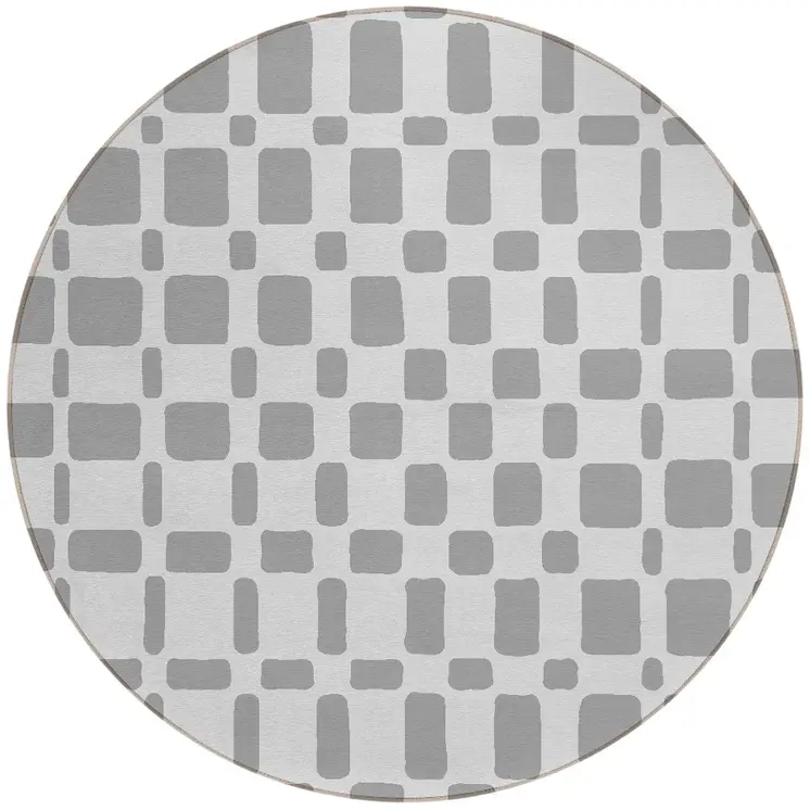 8' Gray And Ivory Round Geometric Washable Indoor Outdoor Area Rug