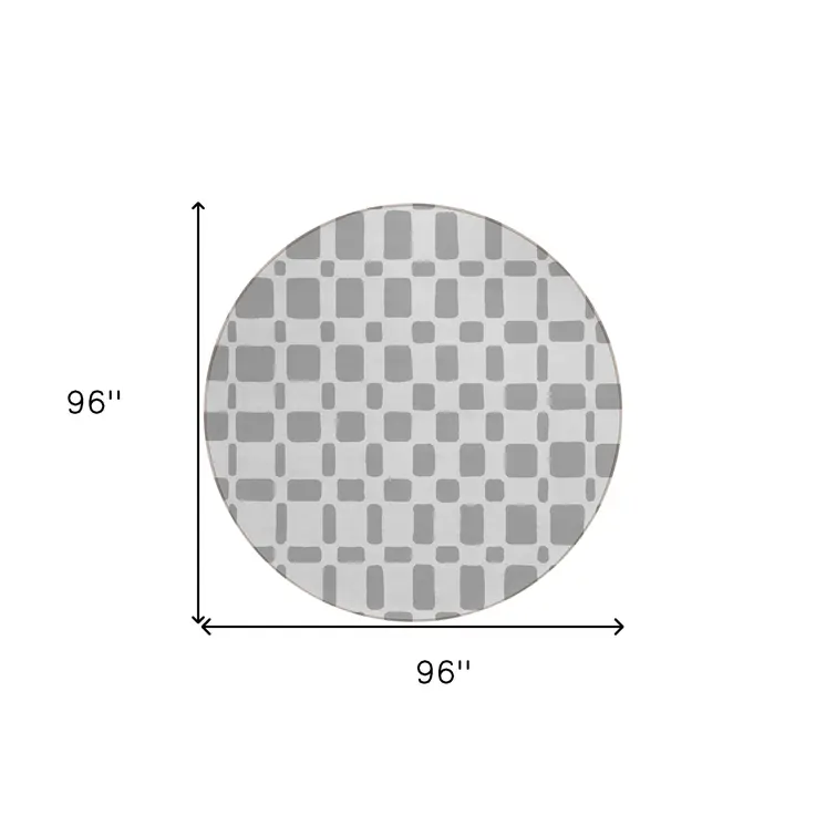 8' Gray And Ivory Round Geometric Washable Indoor Outdoor Area Rug