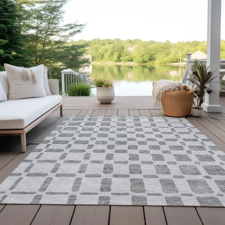 8' X 10' Gray And Ivory Geometric Washable Indoor Outdoor Area Rug