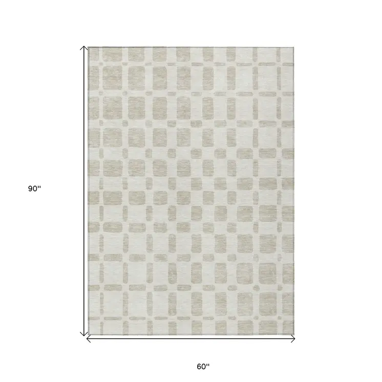 5' X 8' Ivory And Brown Geometric Washable Indoor Outdoor Area Rug