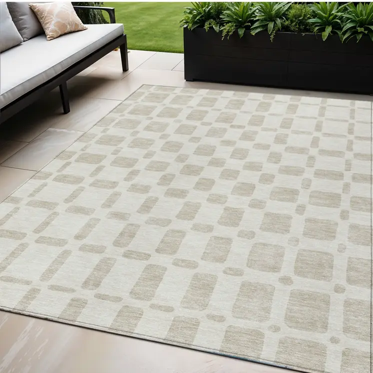 5' X 8' Ivory And Brown Geometric Washable Indoor Outdoor Area Rug