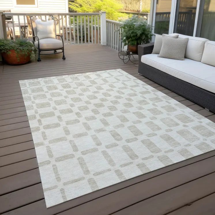 5' X 8' Ivory And Brown Geometric Washable Indoor Outdoor Area Rug