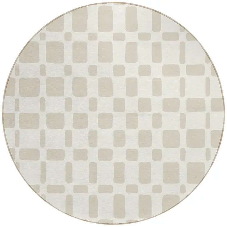 8' Ivory And Brown Round Geometric Washable Indoor Outdoor Area Rug