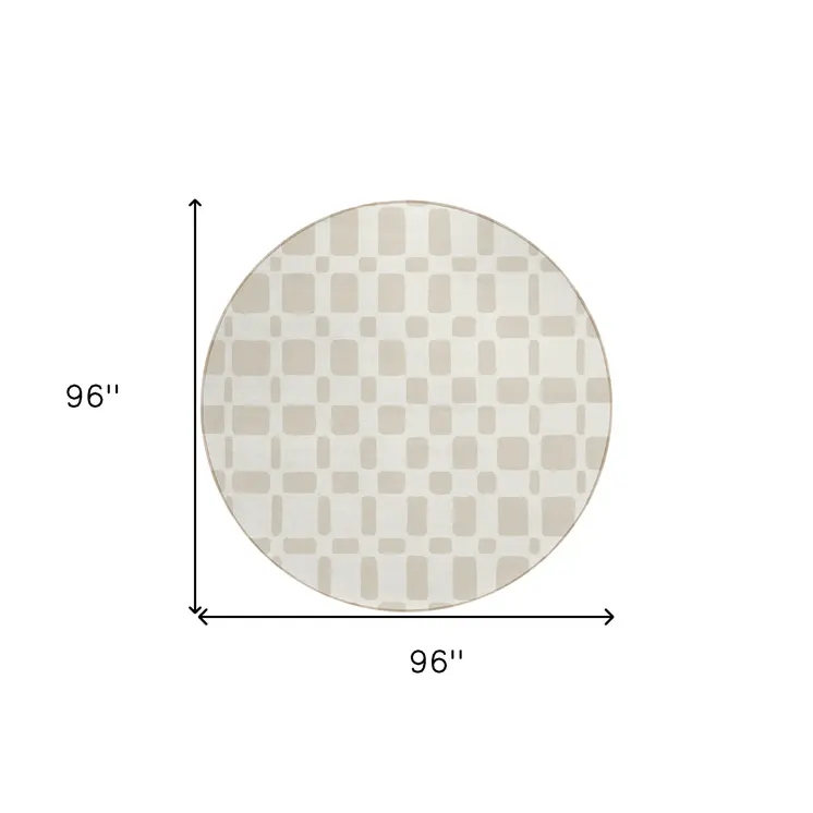 8' Ivory And Brown Round Geometric Washable Indoor Outdoor Area Rug