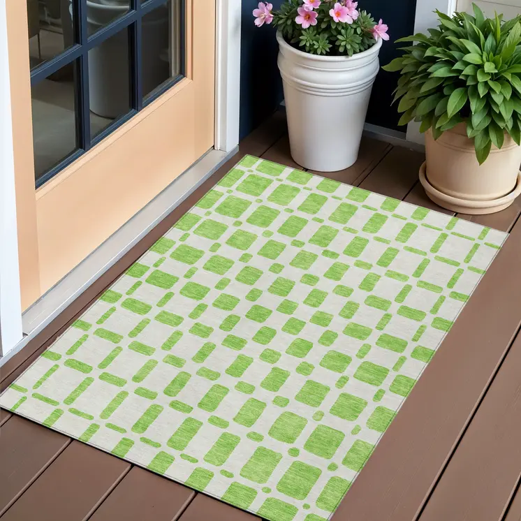 3' X 5' Lime Green And Ivory Geometric Washable Indoor Outdoor Area Rug