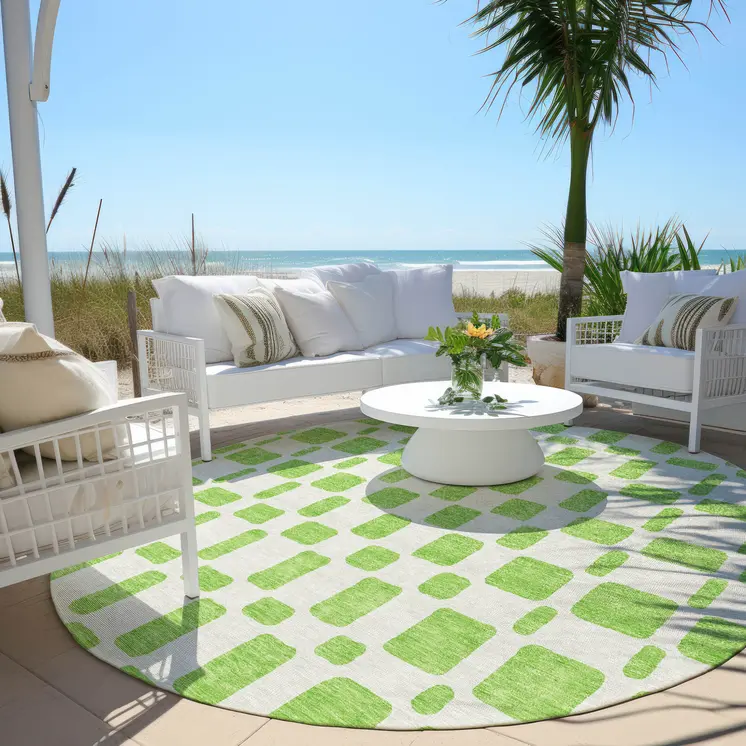 8' Lime Green And Ivory Round Geometric Washable Indoor Outdoor Area Rug