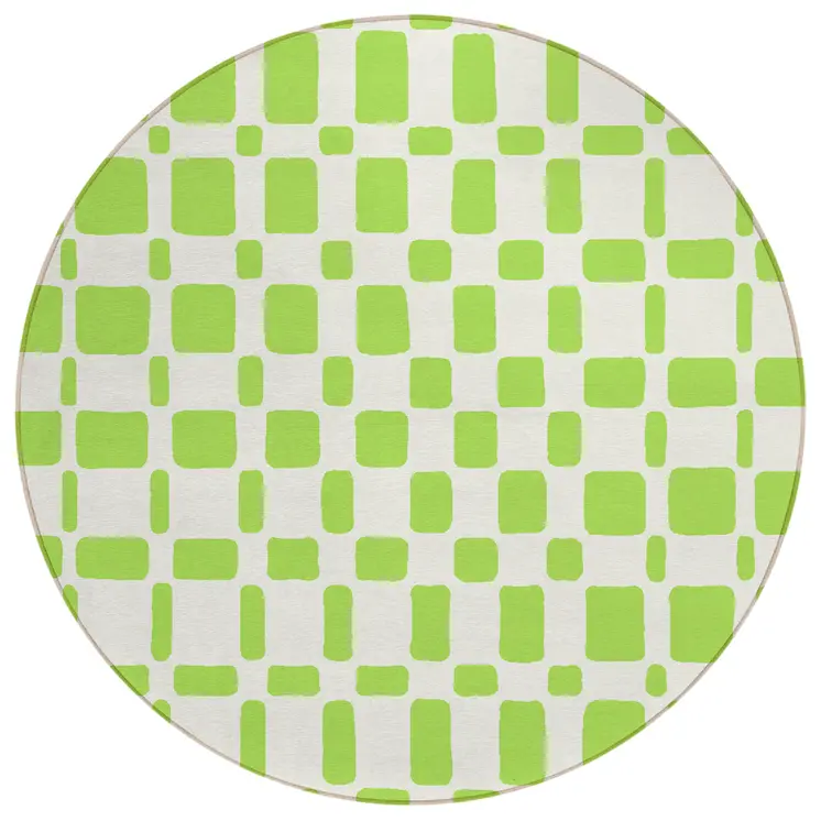 8' Lime Green And Ivory Round Geometric Washable Indoor Outdoor Area Rug