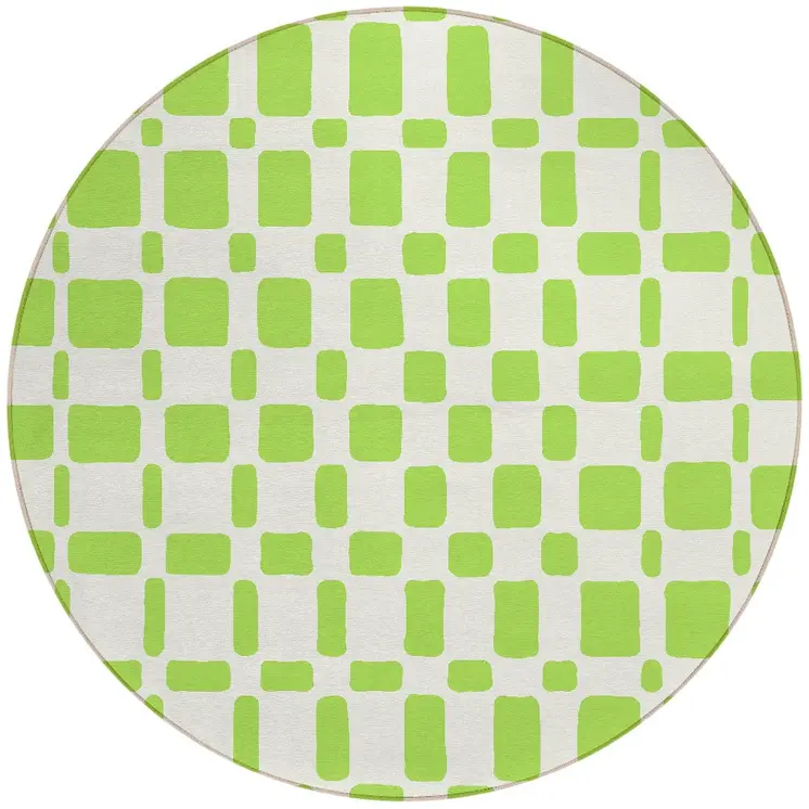 8' Lime Green And Ivory Round Geometric Washable Indoor Outdoor Area Rug