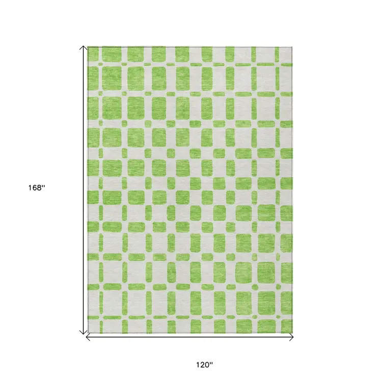 10' X 14' Lime Green And Ivory Geometric Washable Indoor Outdoor Area Rug