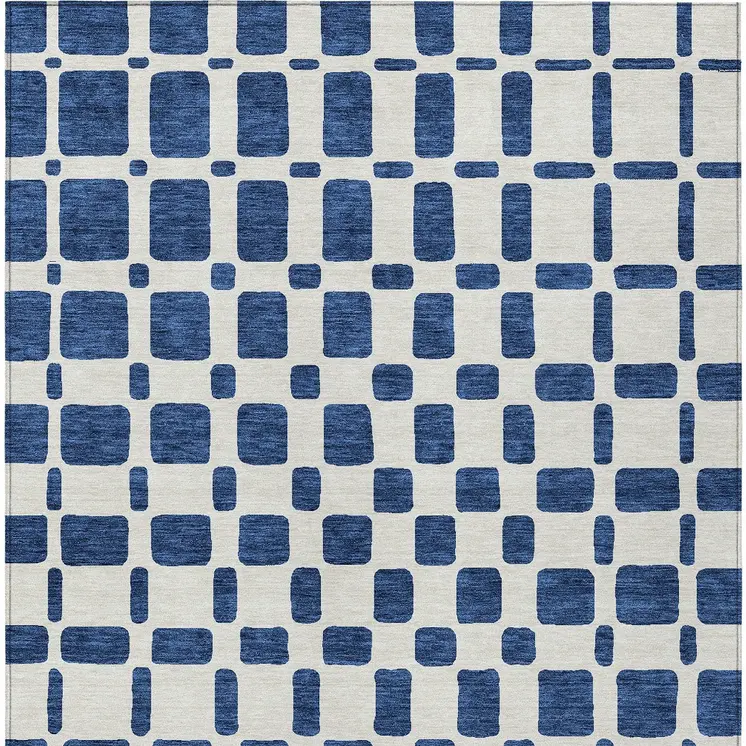 3' X 5' Navy Blue And Ivory Geometric Washable Indoor Outdoor Area Rug