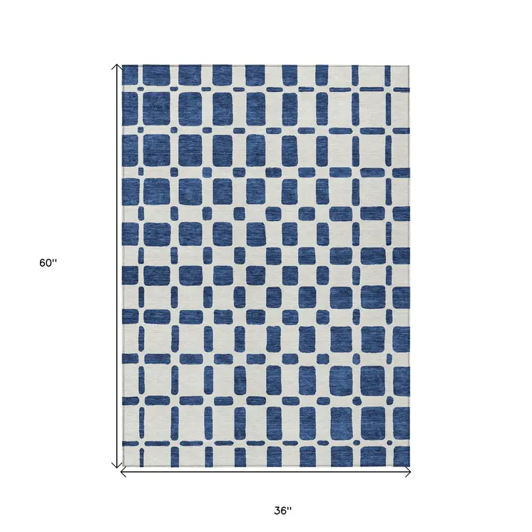 3' X 5' Navy Blue And Ivory Geometric Washable Indoor Outdoor Area Rug