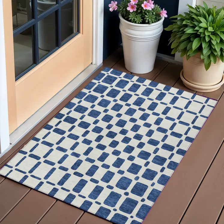 3' X 5' Navy Blue And Ivory Geometric Washable Indoor Outdoor Area Rug