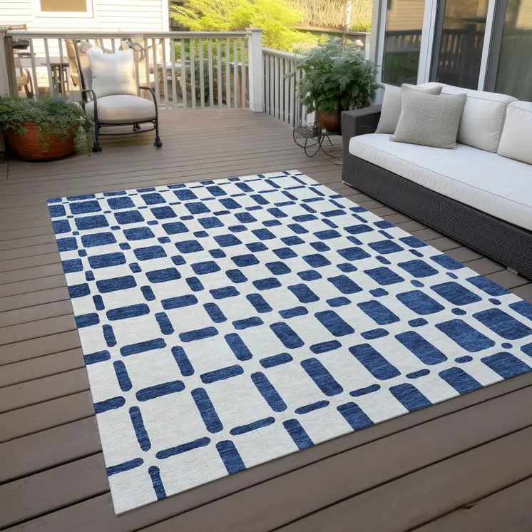 3' X 5' Navy Blue And Ivory Geometric Washable Indoor Outdoor Area Rug