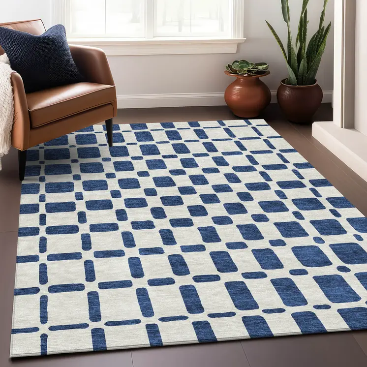 3' X 5' Navy Blue And Ivory Geometric Washable Indoor Outdoor Area Rug