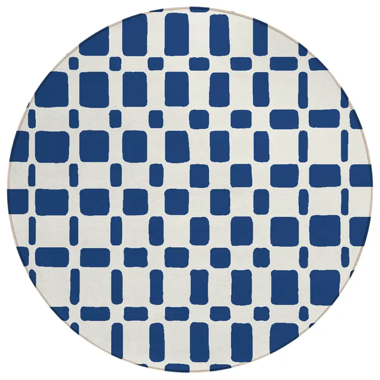 8' Navy Blue And Ivory Round Geometric Washable Indoor Outdoor Area Rug