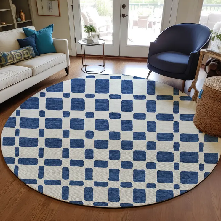 8' Navy Blue And Ivory Round Geometric Washable Indoor Outdoor Area Rug