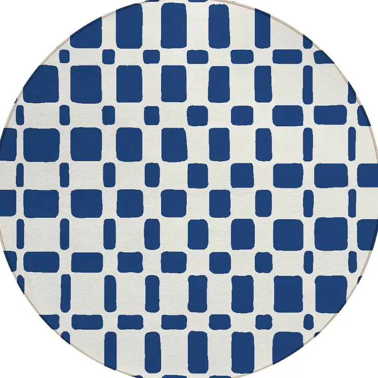 8' Navy Blue And Ivory Round Geometric Washable Indoor Outdoor Area Rug