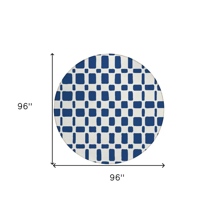8' Navy Blue And Ivory Round Geometric Washable Indoor Outdoor Area Rug
