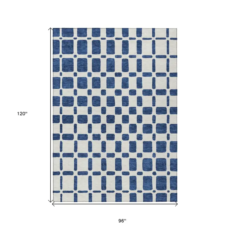 8' X 10' Navy Blue And Ivory Geometric Washable Indoor Outdoor Area Rug